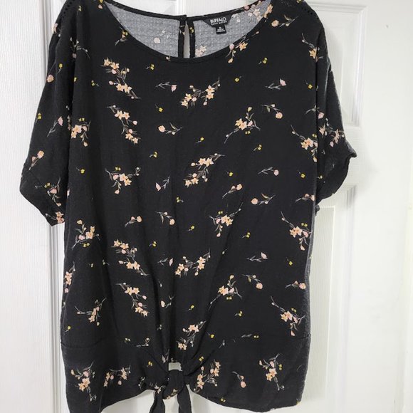 Black floral S/S top with tie front and peplum XL - Picture 1 of 4